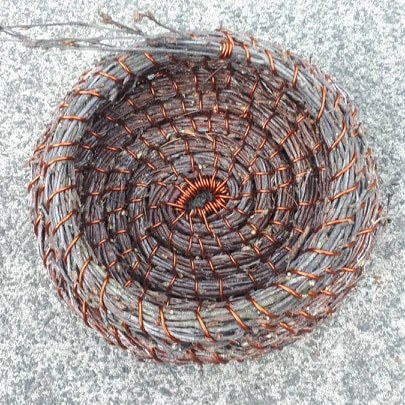 copper wire and birch coil basket